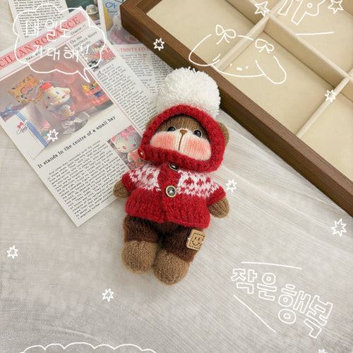 Handmade Crochet Christmas Red Knit Bear Figurine | 14cm Cute Plush Doll - Unique Handcrafted Decor Piece (One of a Kind)