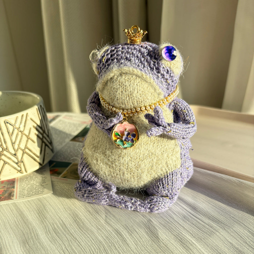 Handmade Crochet Lavender Royal Frog Plushie (12cm) | Removable Crown & Pearl Necklace | Customizable Accessories | Keychain Included (Decor/Bag Charm)