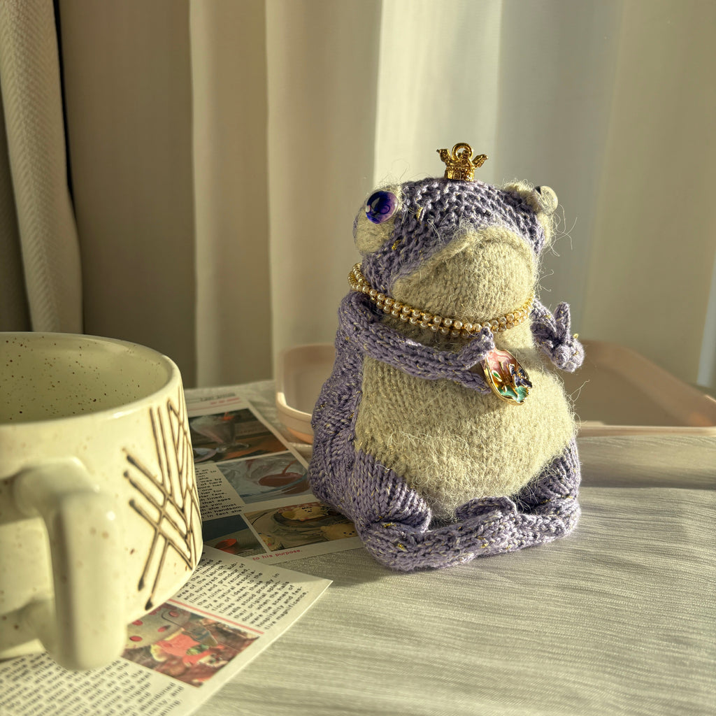 Handmade Crochet Lavender Royal Frog Plushie (12cm) | Removable Crown & Pearl Necklace | Customizable Accessories | Keychain Included (Decor/Bag Charm)