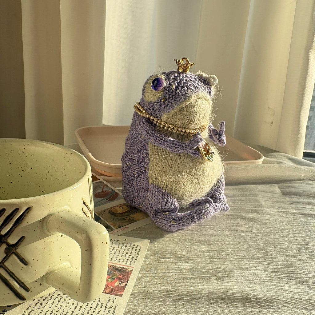Handmade Crochet Lavender Royal Frog Plushie (12cm) | Removable Crown & Pearl Necklace | Customizable Accessories | Keychain Included (Decor/Bag Charm)