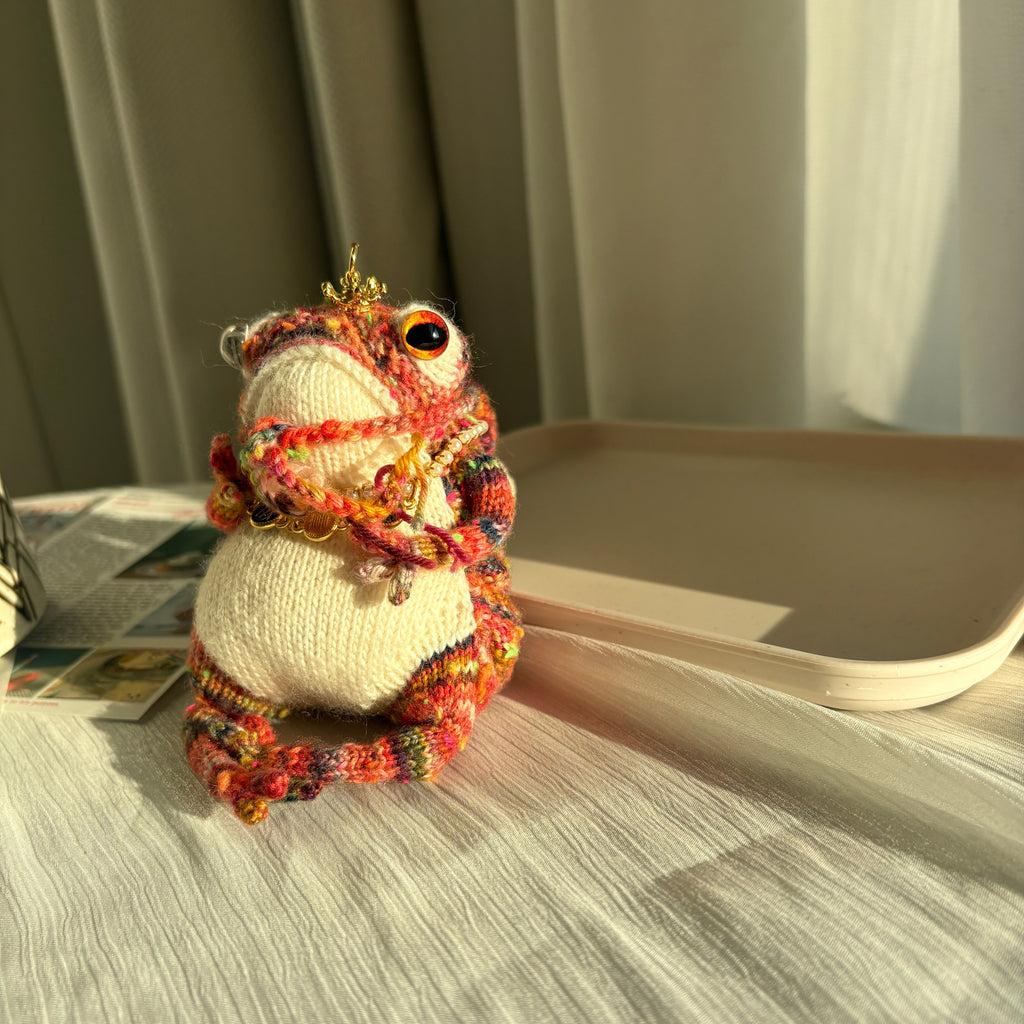 Handmade Crochet Red Royal Frog Plushie (10cm) | Removable Crown & Hat Accessory | Keychain Kit Included (Decor/Bag Charm)